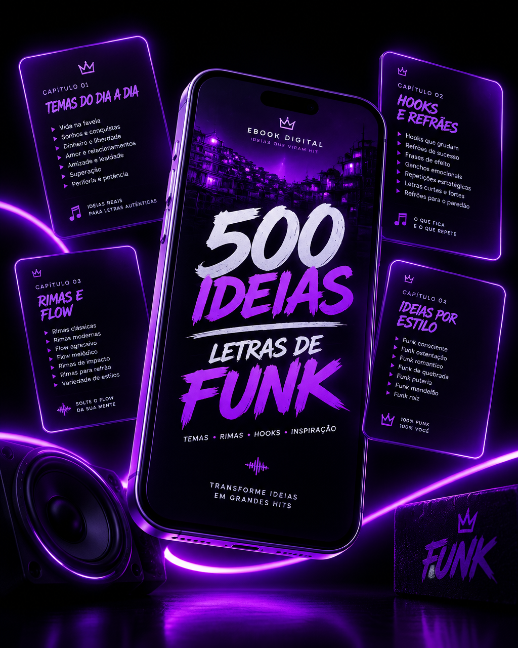 Capa do material 500 Ideias de Letras de Funk exibida em um celular com cartões de temas